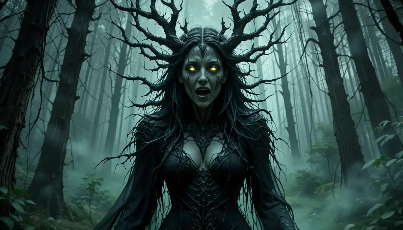 Druida corrupta emergiendo de un bosque oscuro y brumoso