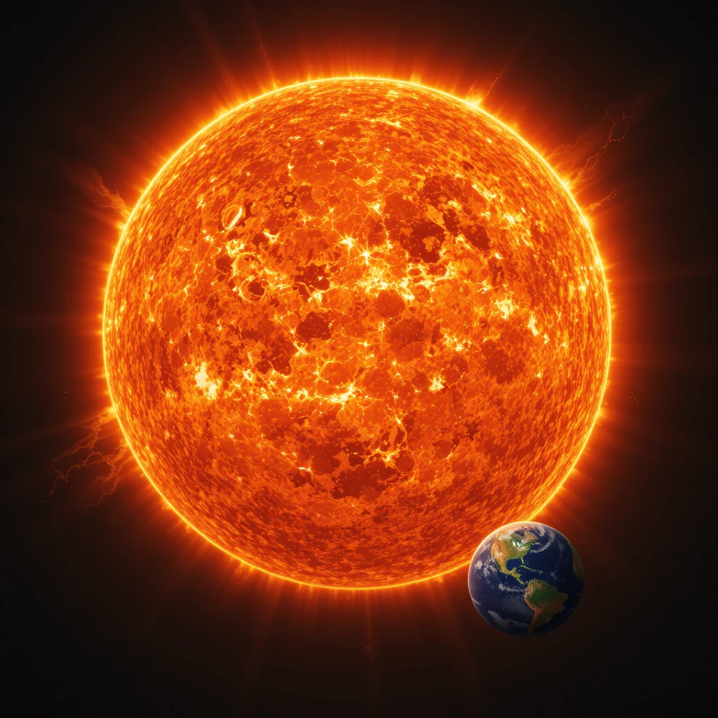 Gigantisch leuchtende Sonne mit winziger Erde zum Größenvergleich