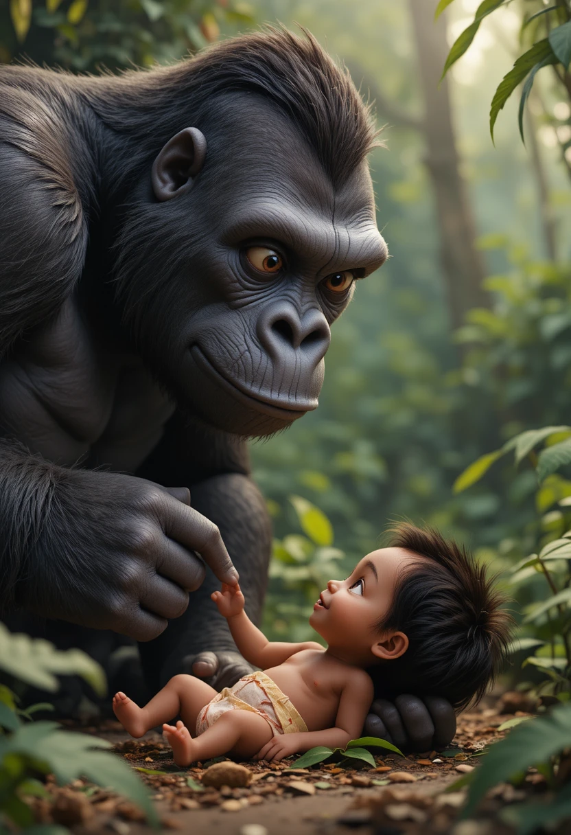 Gorilla-Mutter und Menschenbaby treffen sich im Dschungel