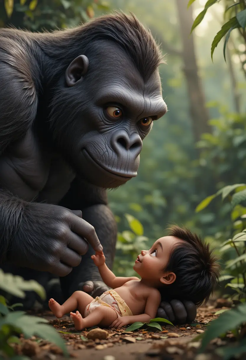 Gorilla-Mutter und Menschenbaby treffen sich im Dschungel