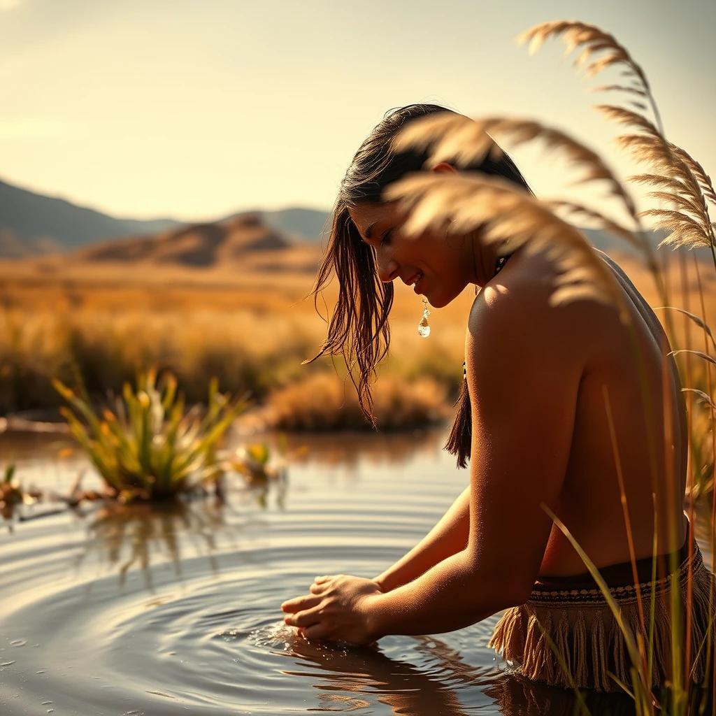 Mulher sioux lavando o cabelo em um lago ensolarado no topo da colina