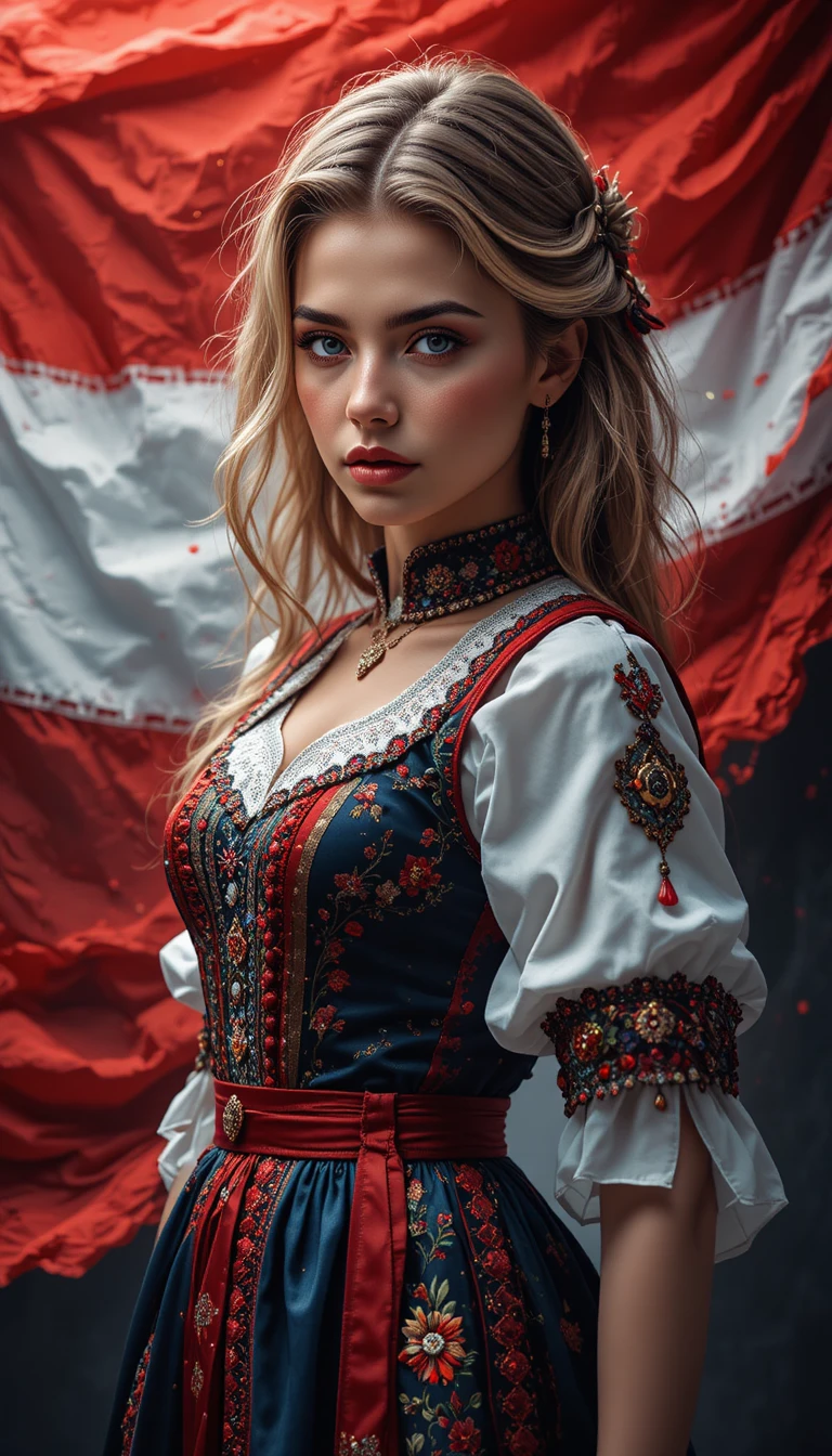 Jovem austríaca em vibrante traje folclórico tradicional