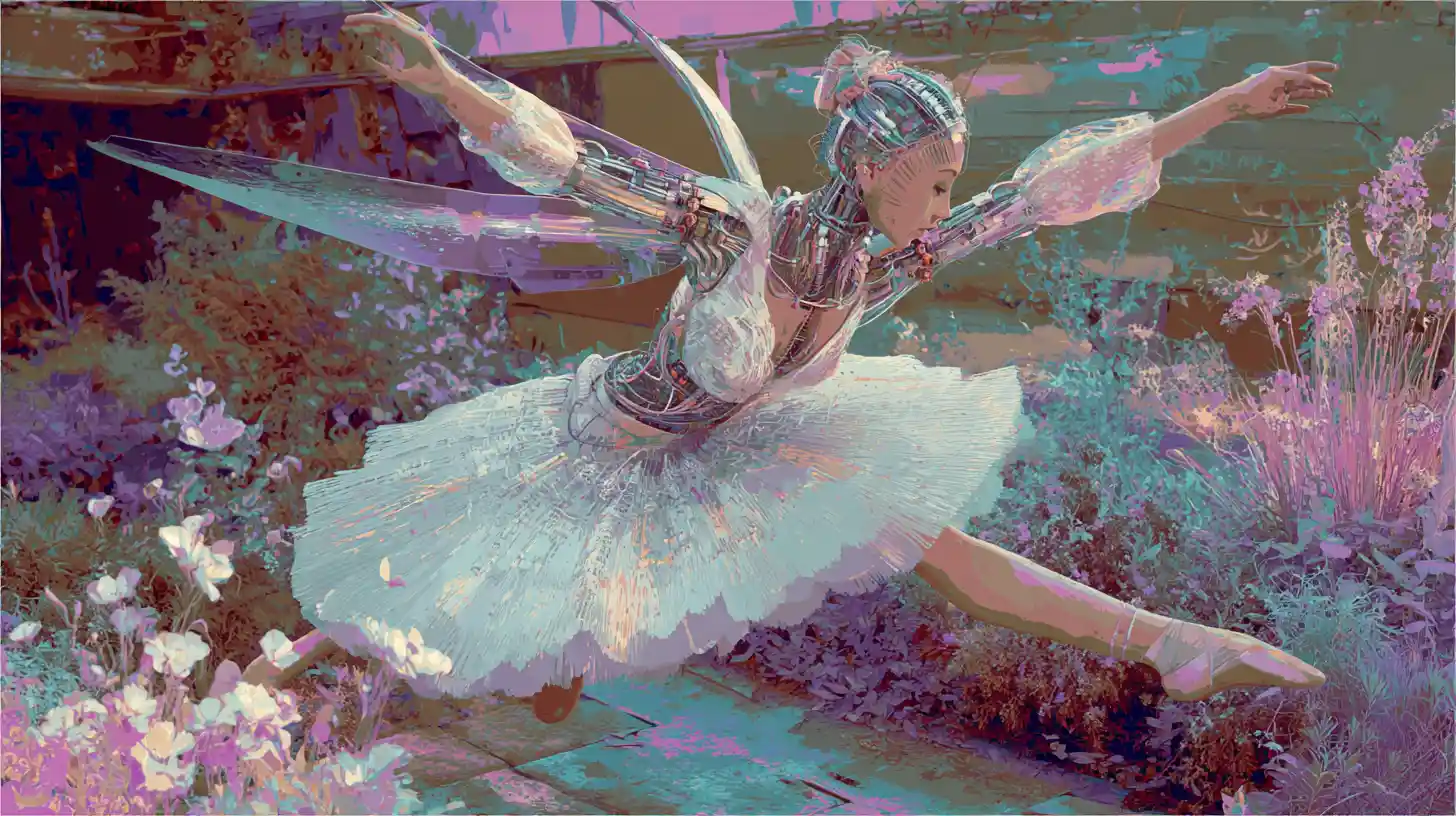 Fée ballerine cybernétique dansant dans un jardin surréaliste