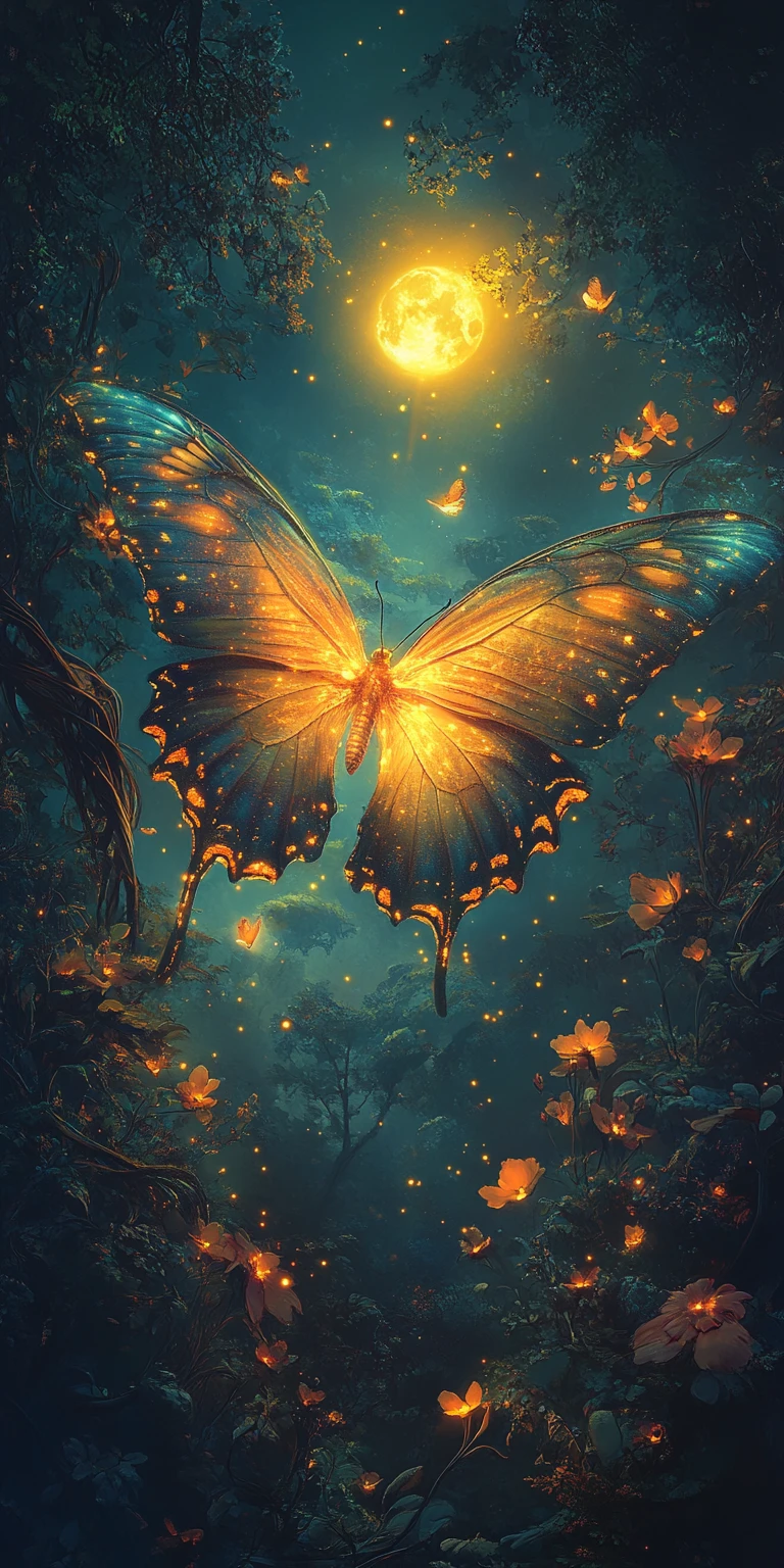 Leuchtender Schmetterling im verzauberten türkisgrünen Wald bei Dämmerung