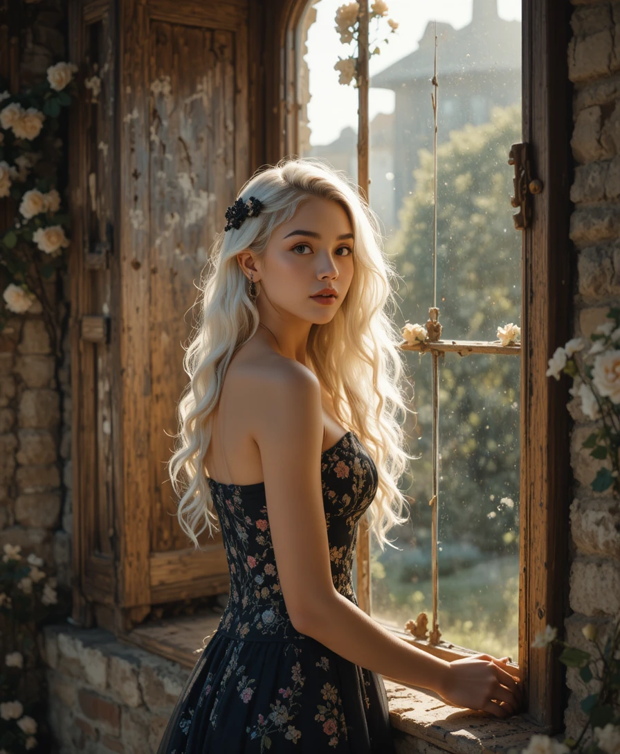 Elegante Frau an einem antiken Fenster im warmen Sonnenlicht