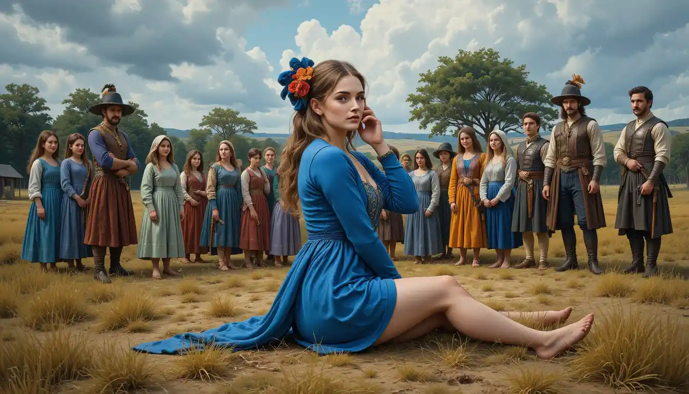 Young woman in blue cardigan and short teal skirt