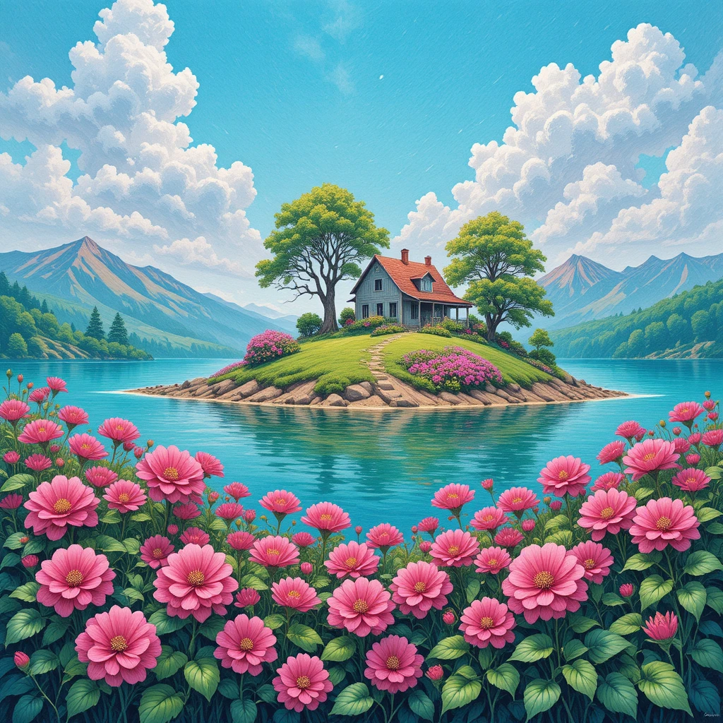 Sommerinselhaus, umgeben von Wasser und pinken Blumen