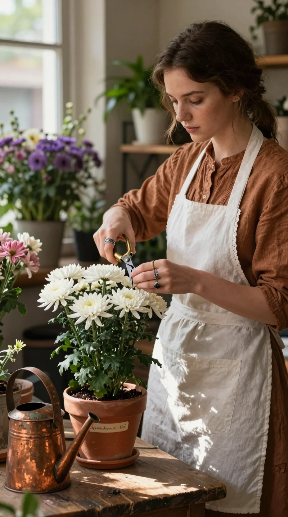 Junge Floristin schneidet weiße Chrysanthemen im warmen Sonnenlicht