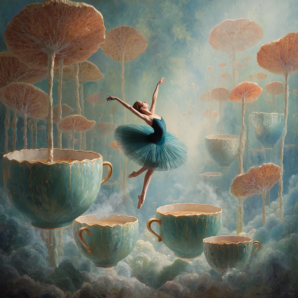 Bailarina surreal dançando sobre uma floresta de doces em tons pastéis