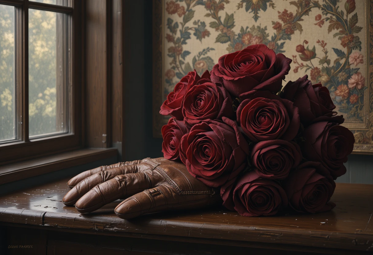 Rosas vermelho-escuro sobre uma luva de couro envelhecida à luz da janela