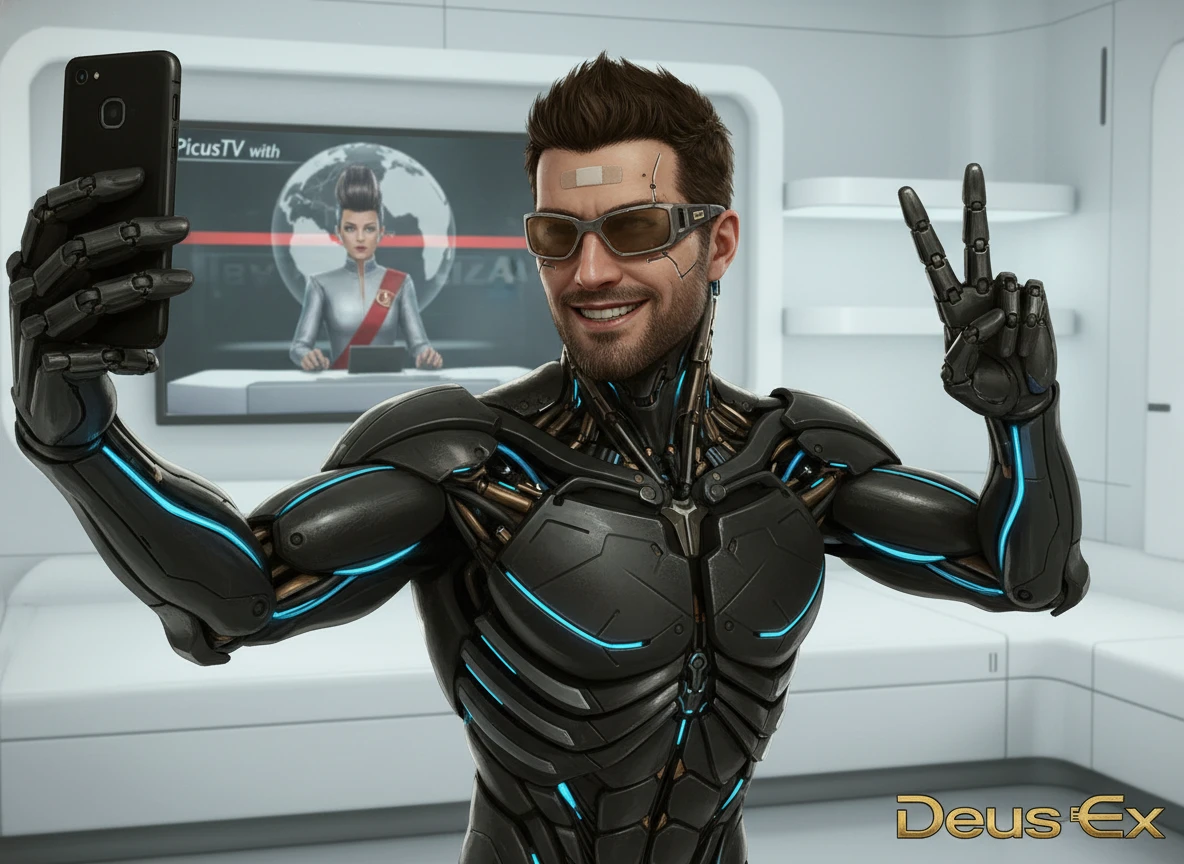 Uomo cyborg potenziato che si scatta un selfie in camera d'hotel