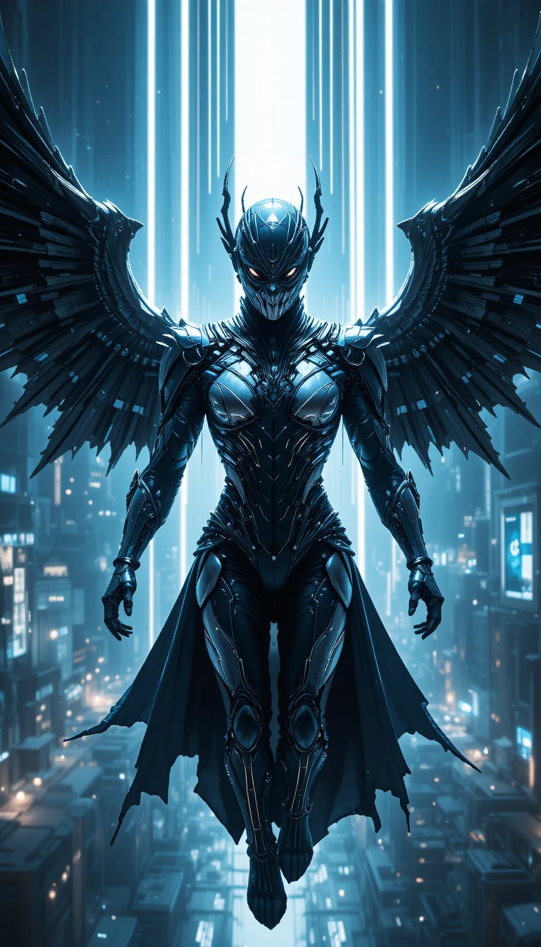 Guerreiro futurista voando sobre o horizonte holográfico da cidade