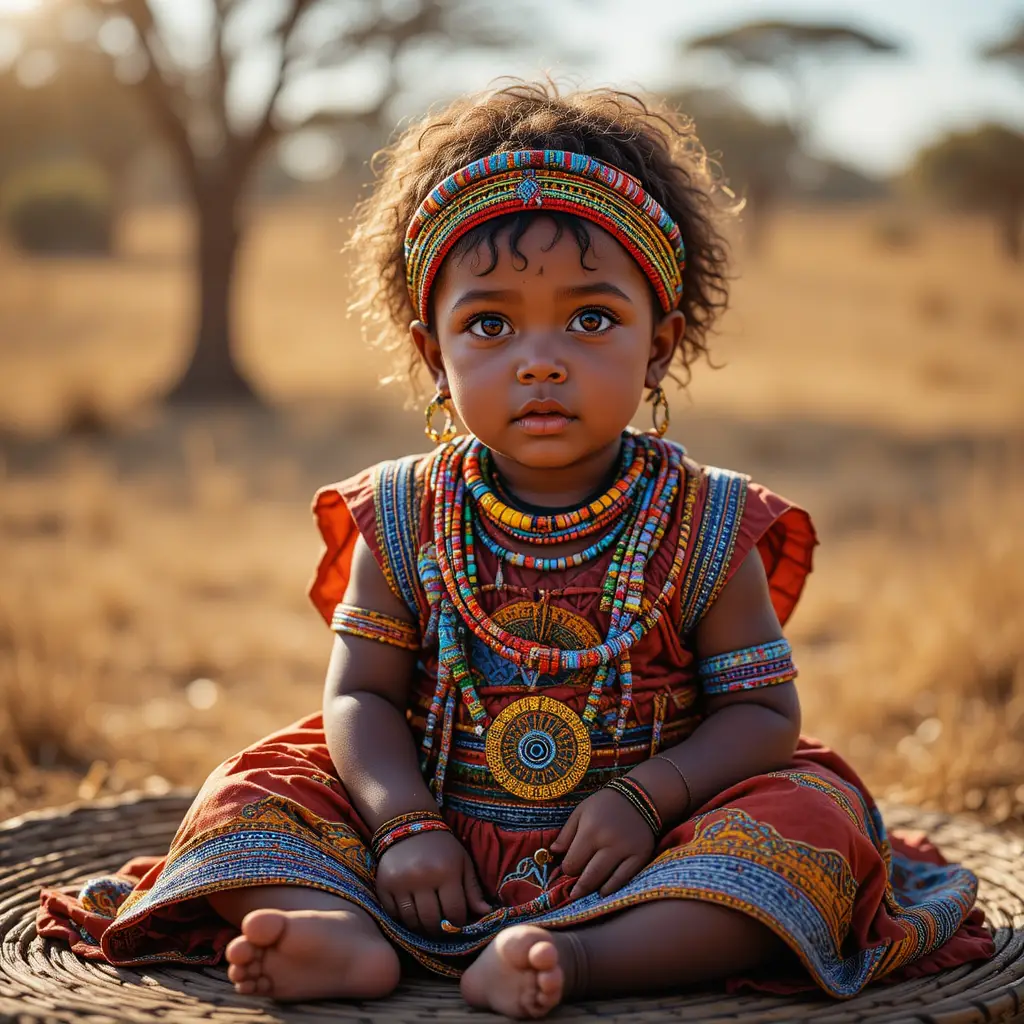 Afrikanisches Baby in farbenfroher Tracht auf sonnenbeschienener Savanne