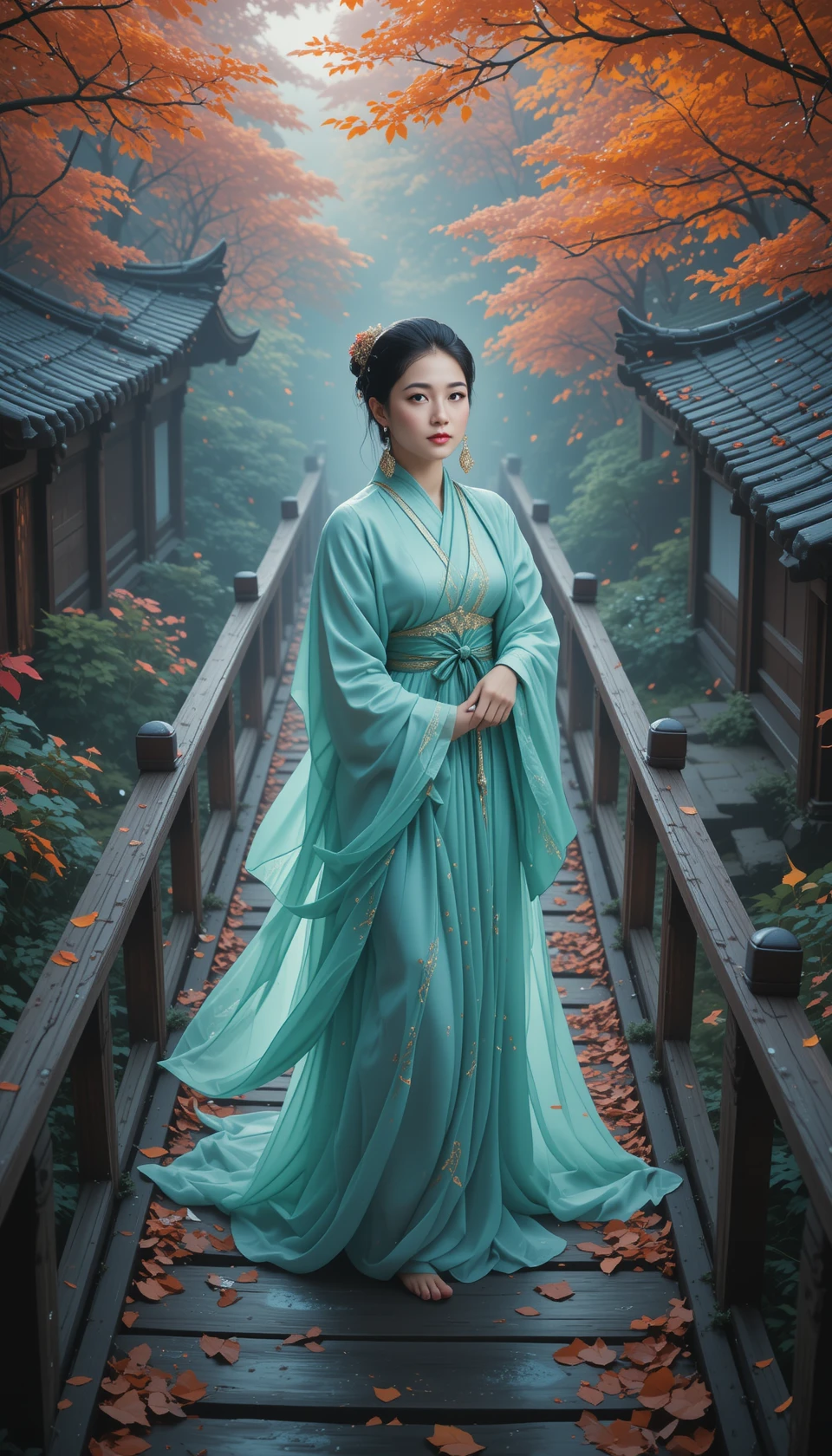 Mulher do Leste Asiático em ponte em tranquilo jardim japonês