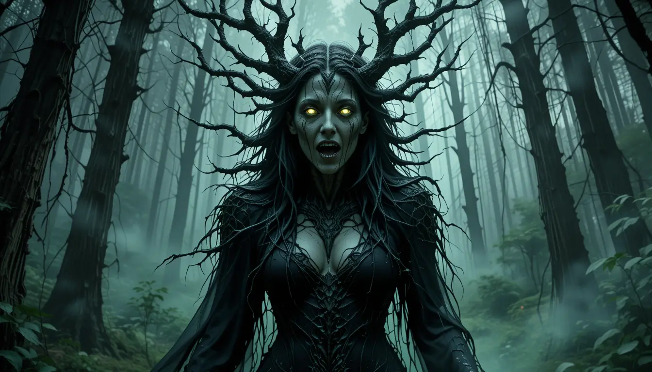 Druida corrotta che emerge da una foresta oscura e nebbiosa