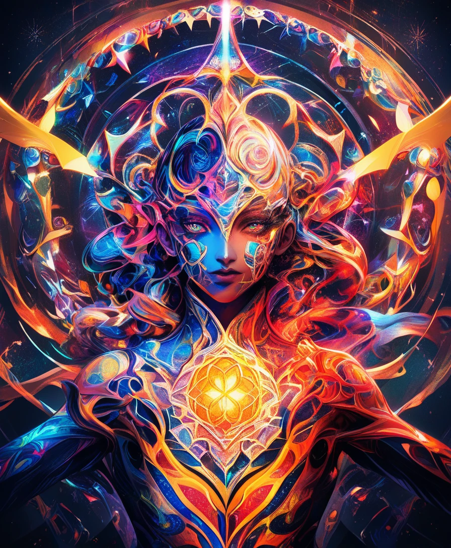 Portrait de bouffon cosmique avec masque kaléidoscope et aura fractale