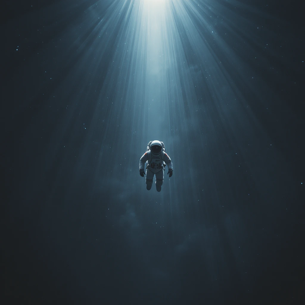 Einsamer Astronaut, der in der stillen Dunkelheit des Weltraums treibt