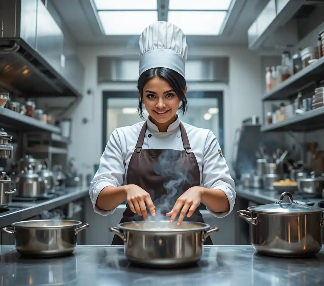 Chef mujer concentrada trabajando en una cocina profesional luminosa