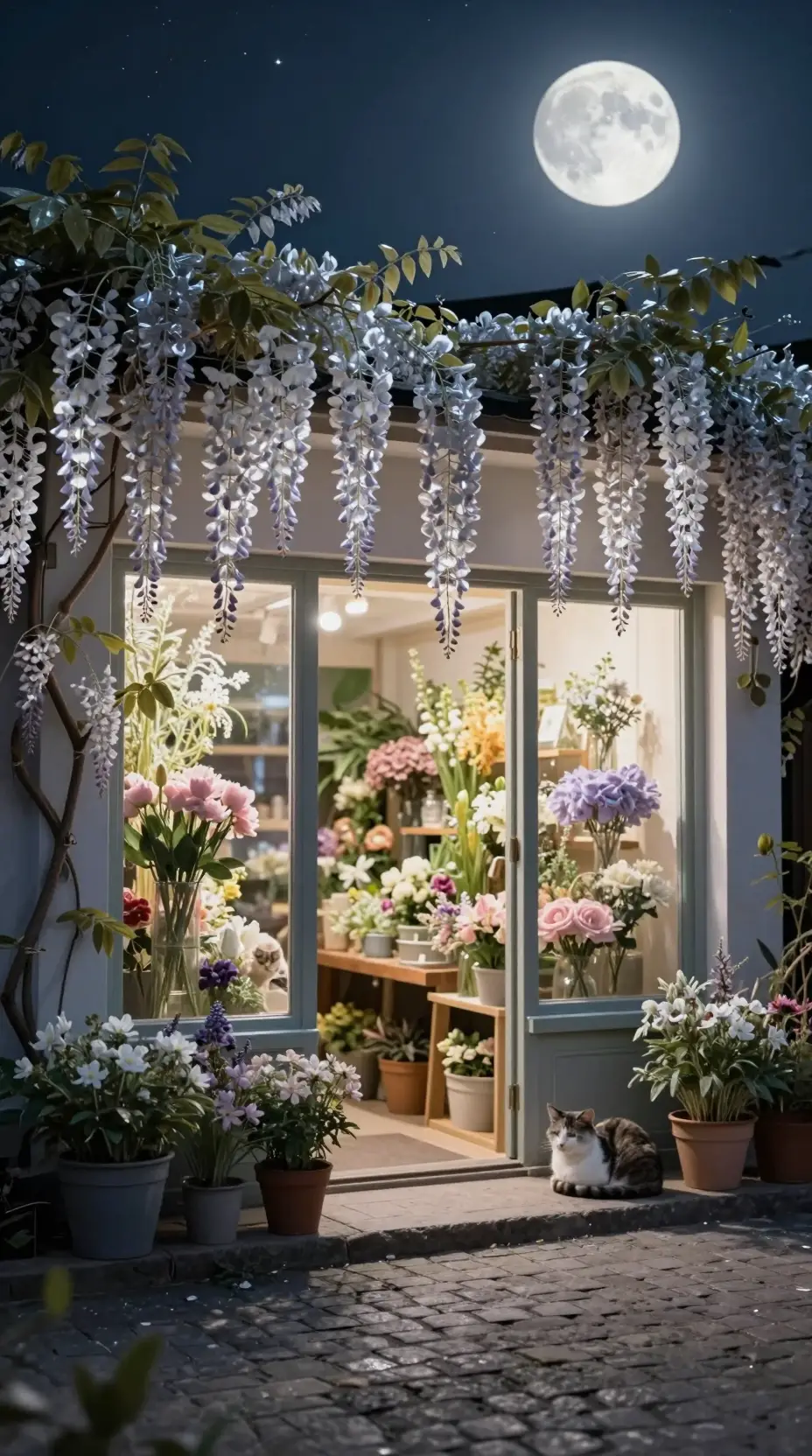 Moonlit florist shopfront with a sleeping street cat