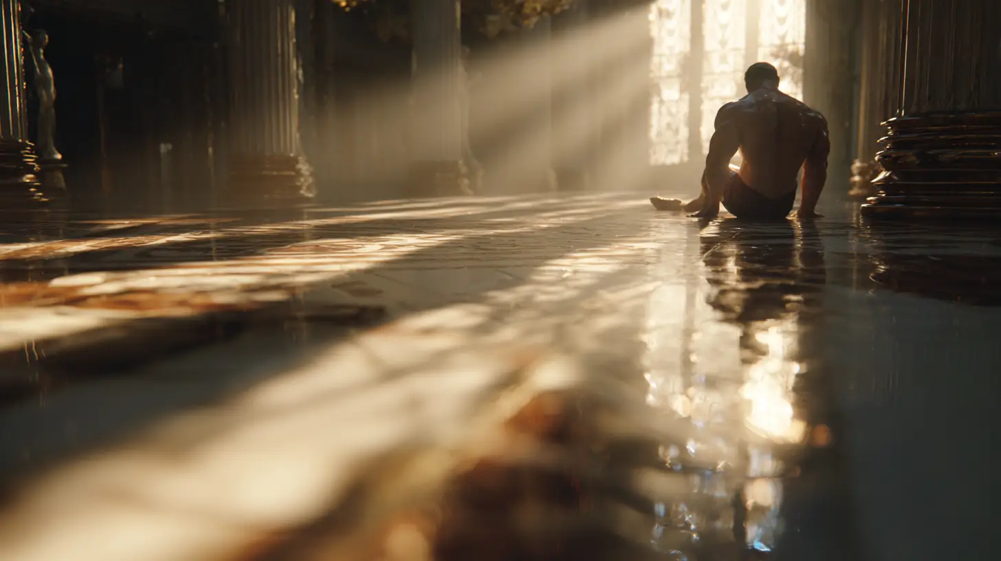 Group of characters in a marble hall under soft golden light