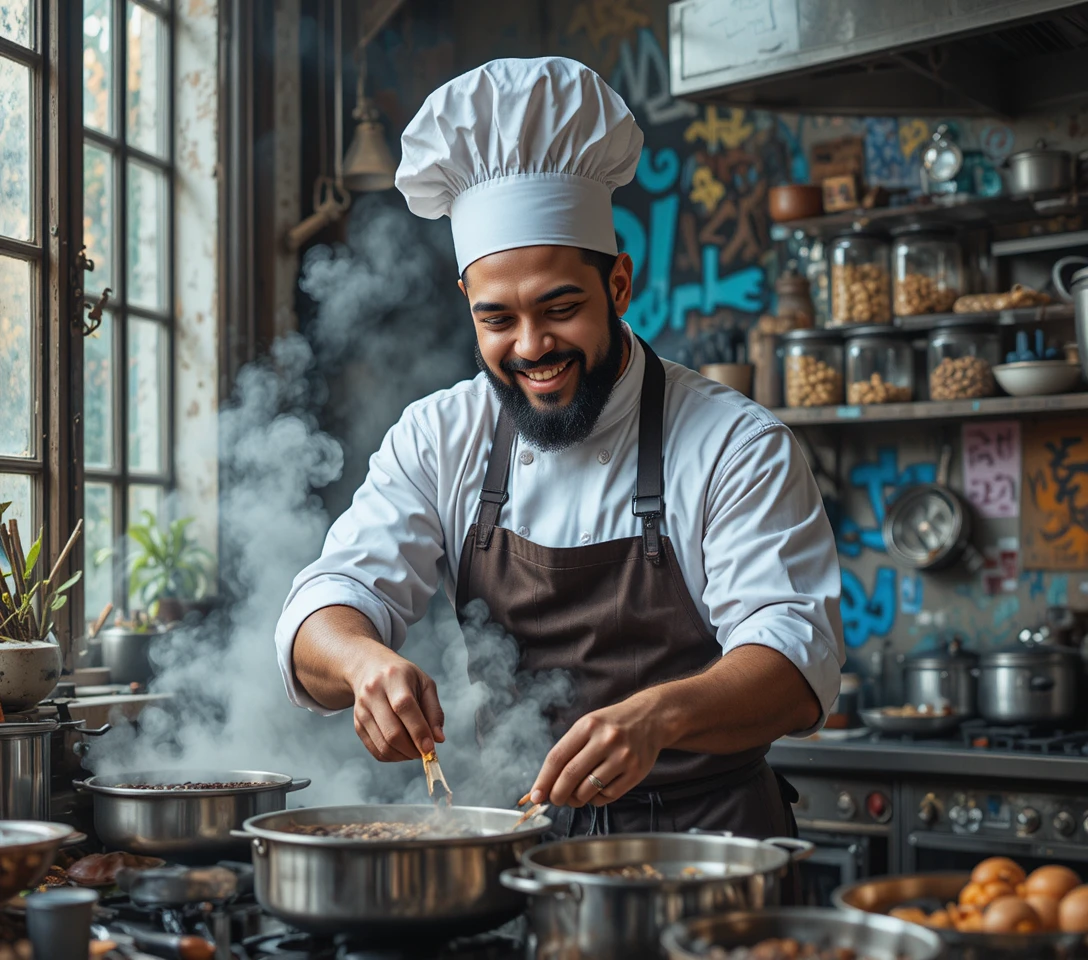 Chef sorridente cozinhando em uma cozinha profissional