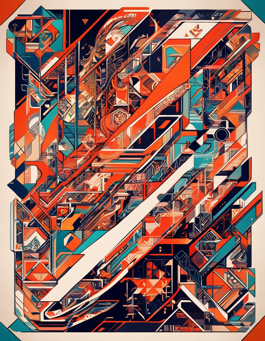 Cubist sphinx cat portrait with flowing geometric patterns