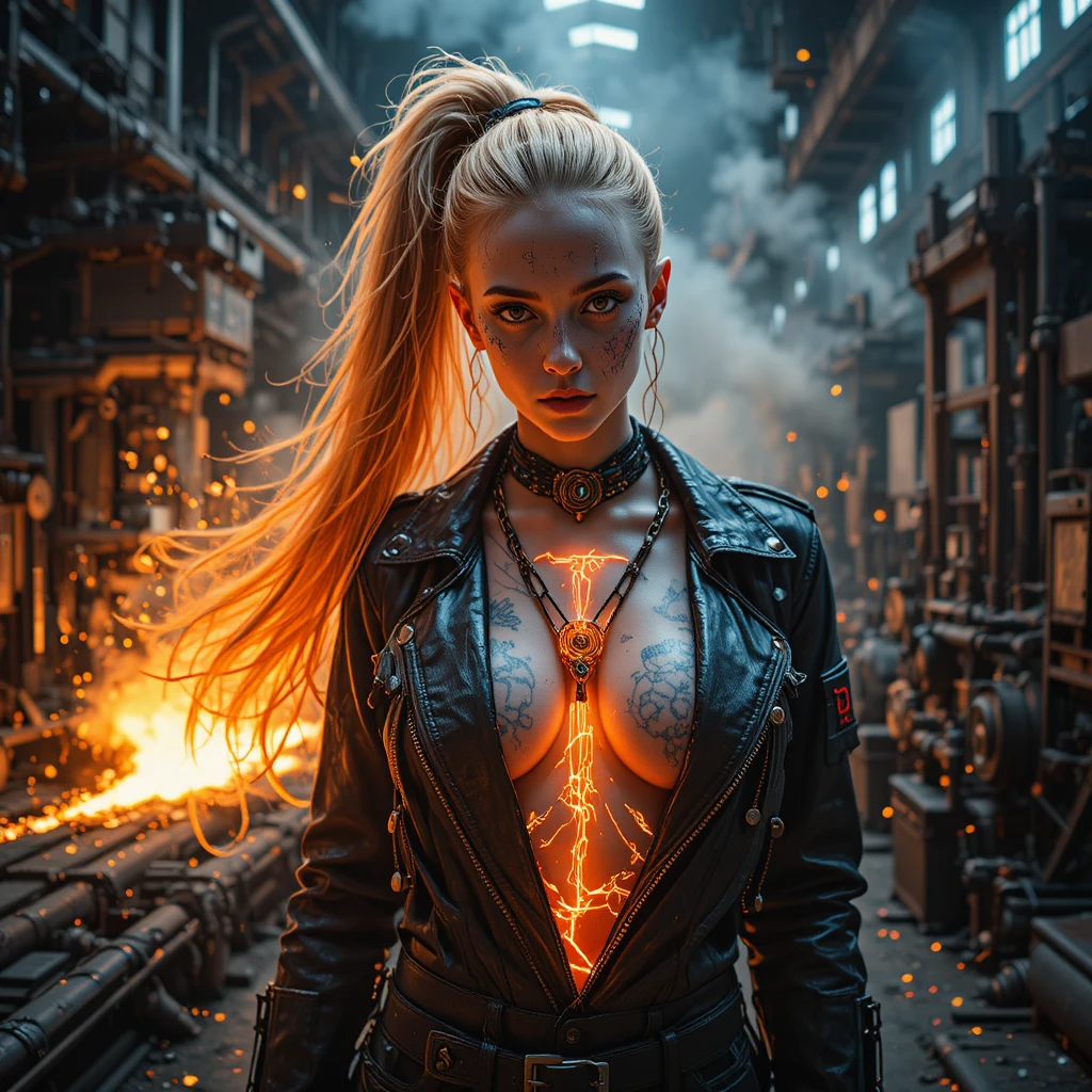 Portrait surréaliste d'une femme cybernétique dans une aciérie