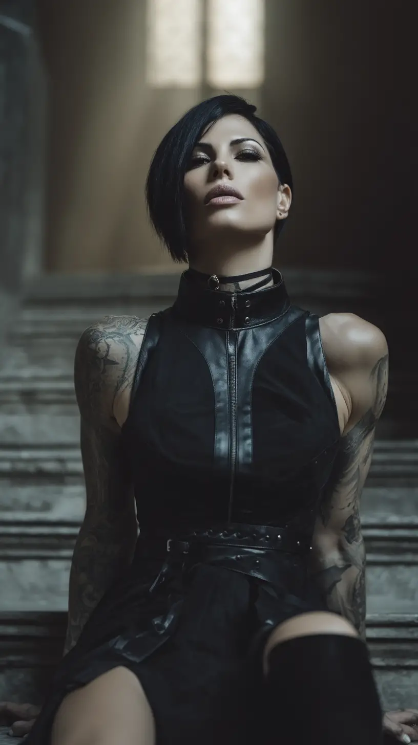 Femme musclée en robe noire assise seule dans une église