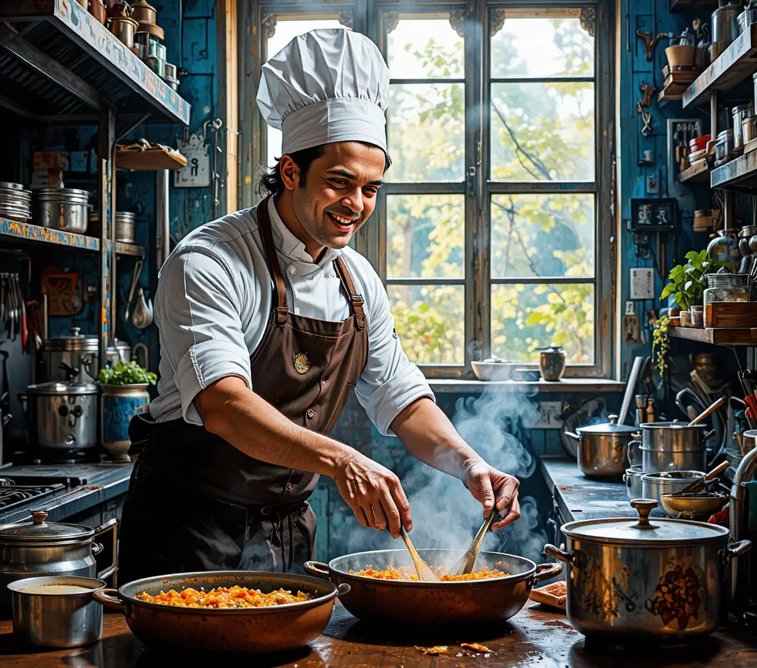 Lächelnder Koch, der in einer professionellen Kücheneinrichtung kocht