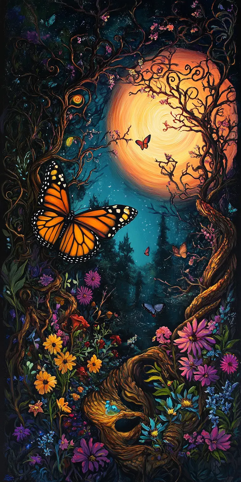 Papillon mystique dans un diptyque de forêt au crépuscule