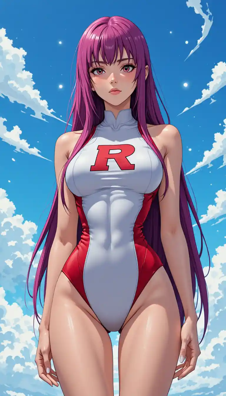 Somber anime woman in swimsuit under bright blue sky