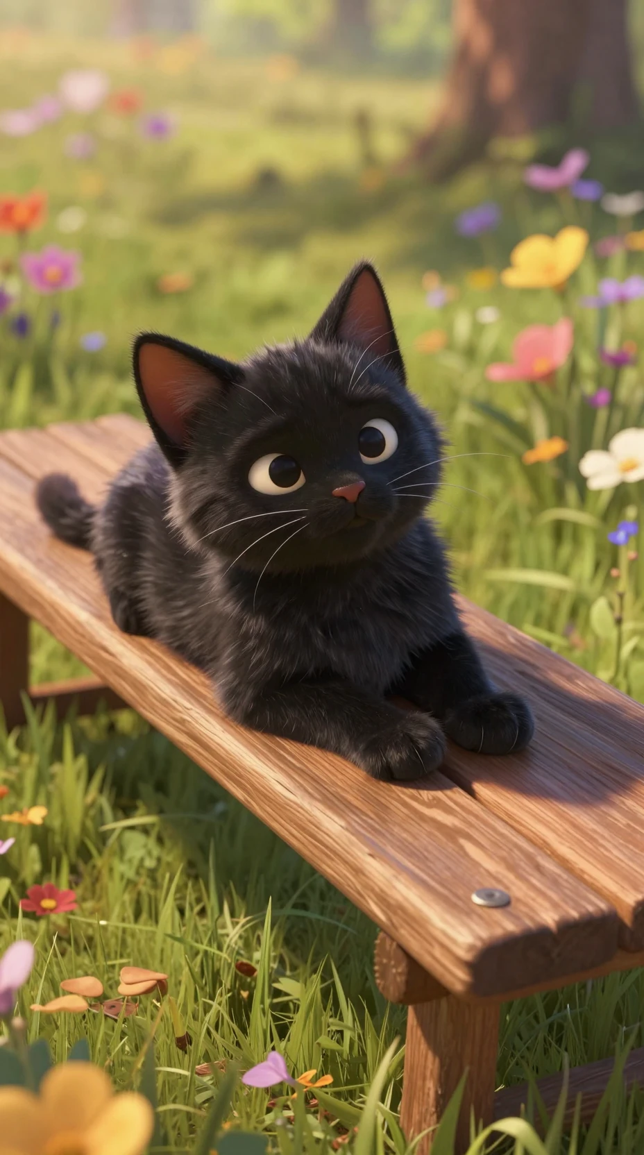 花に囲まれた木のベンチでくつろぐ黒い子猫