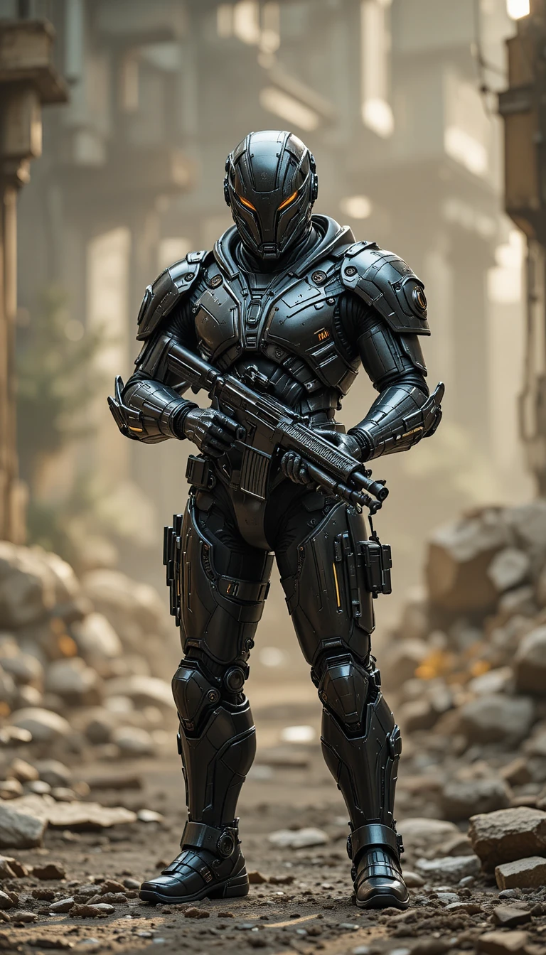 Futuristic Armored Warrior With Rifle In Industrial Scene