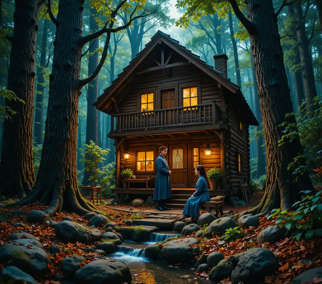 Refuge rustique en cabane de rondins dans une forêt luxuriante et enchantée