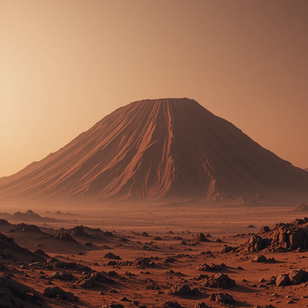 Ampia veduta del vulcano Olympus Mons sul paesaggio rosso di Marte