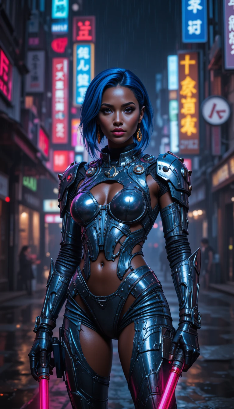 Guerrière de science-fiction aux cheveux bleus dans une ville néon cyberpunk