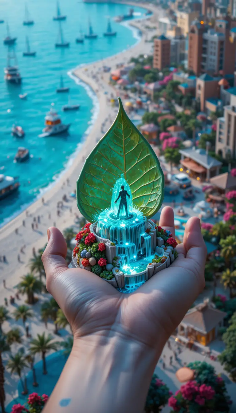 Macro cityscape model resting on a human hand