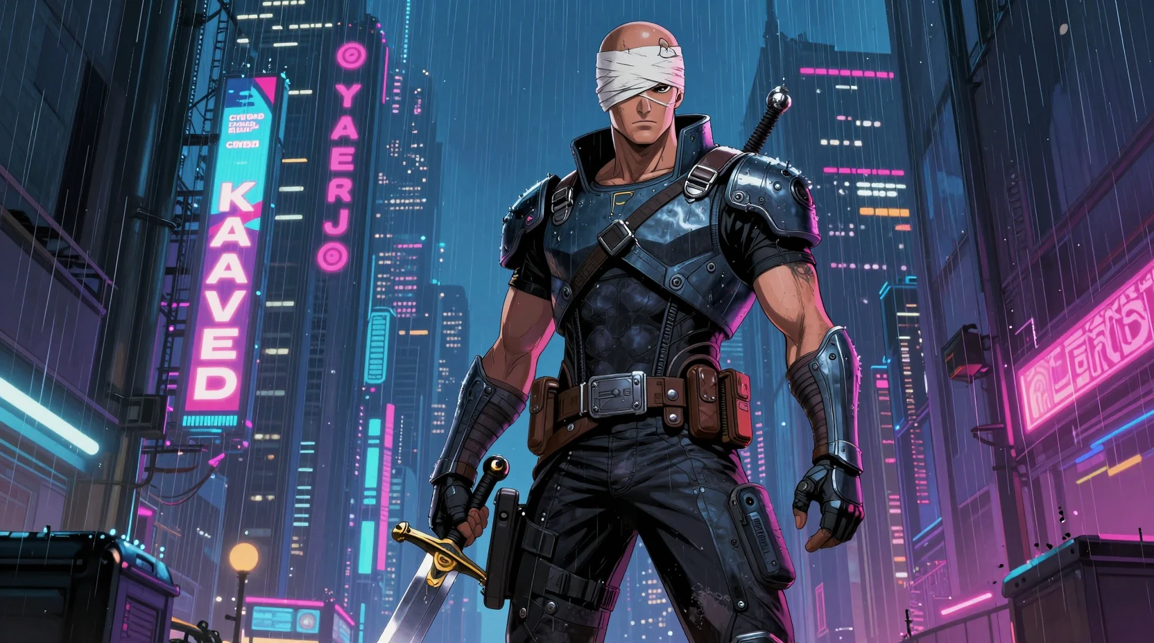 Guerrero cyberpunk con espada en ciudad neón lluviosa