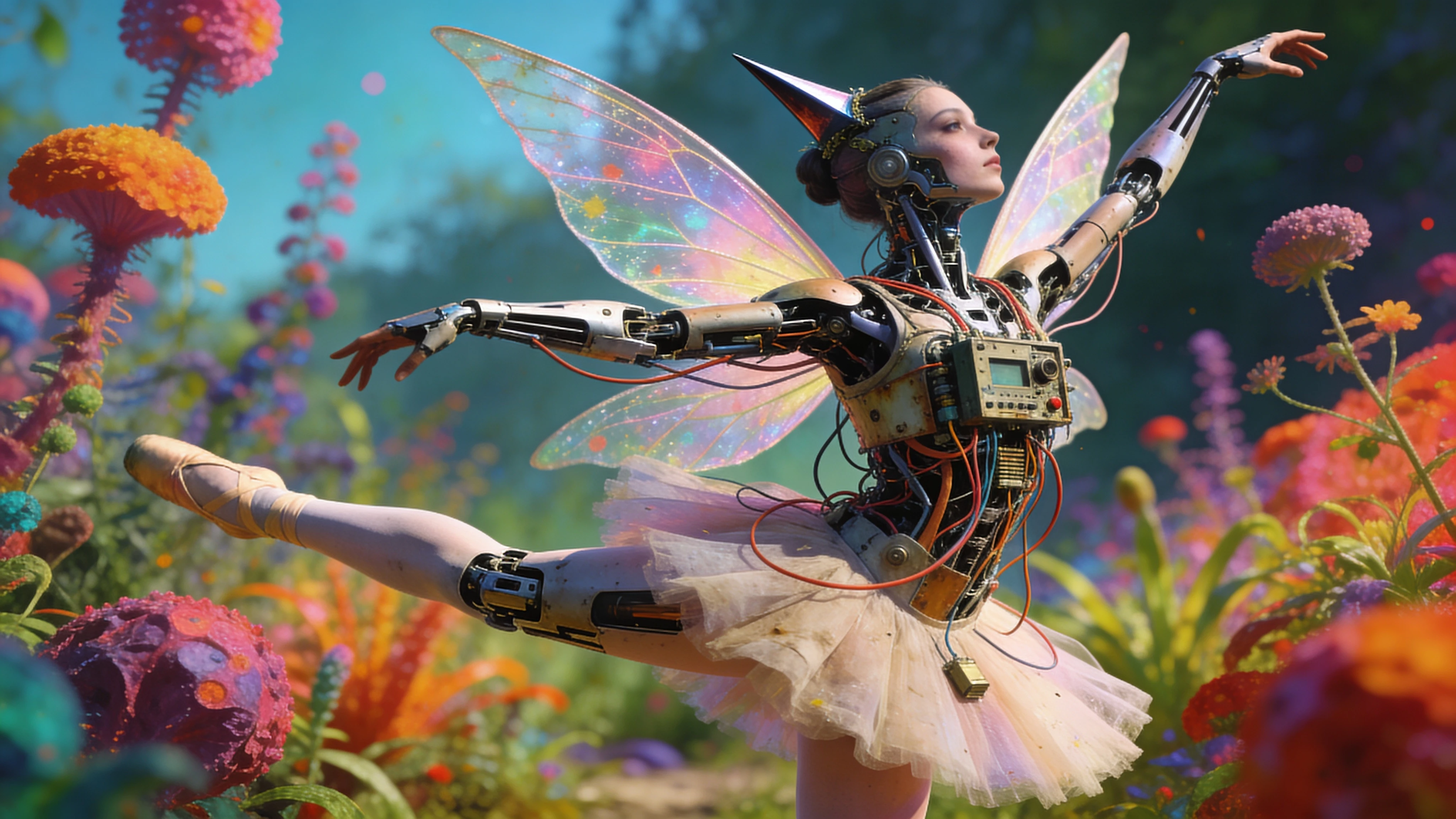 Cybernetic ballerina fairy dancing in a surreal garden