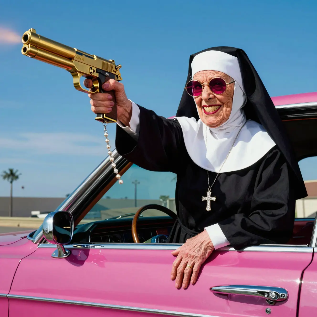Rebellious nun firing a gold pistol from lowrider window