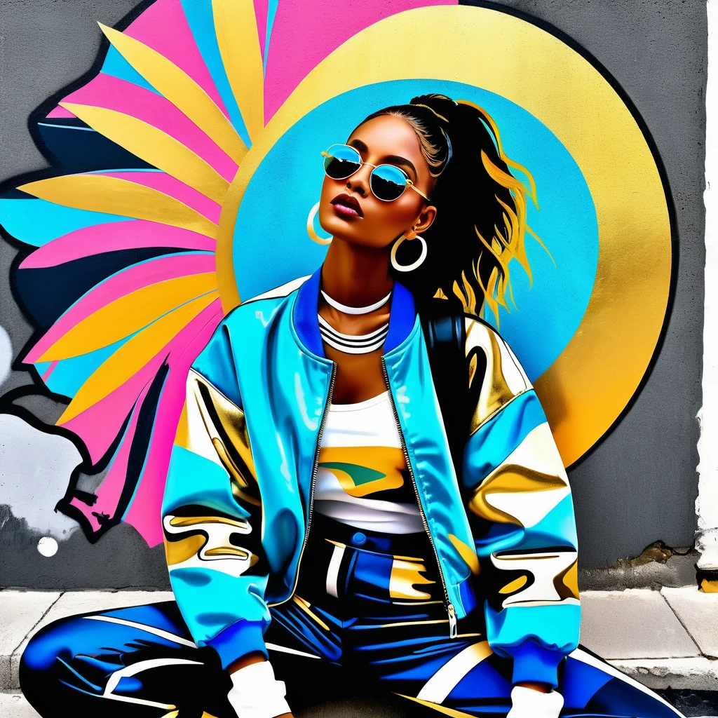 Mulher confiante de street style em ousada arte de giz no pavimento