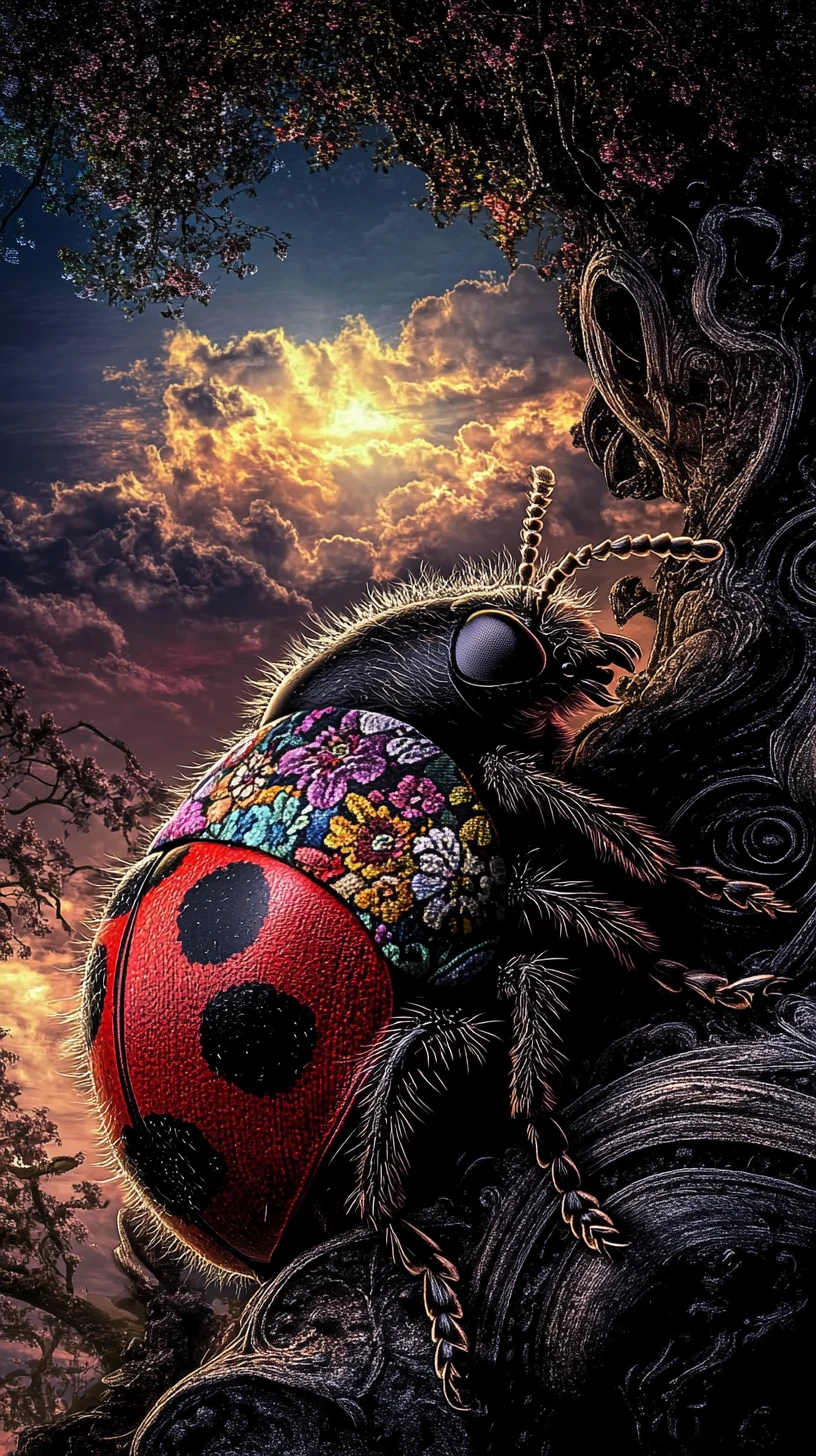 Coccinella sorridente con giacca floreale patchwork colorata