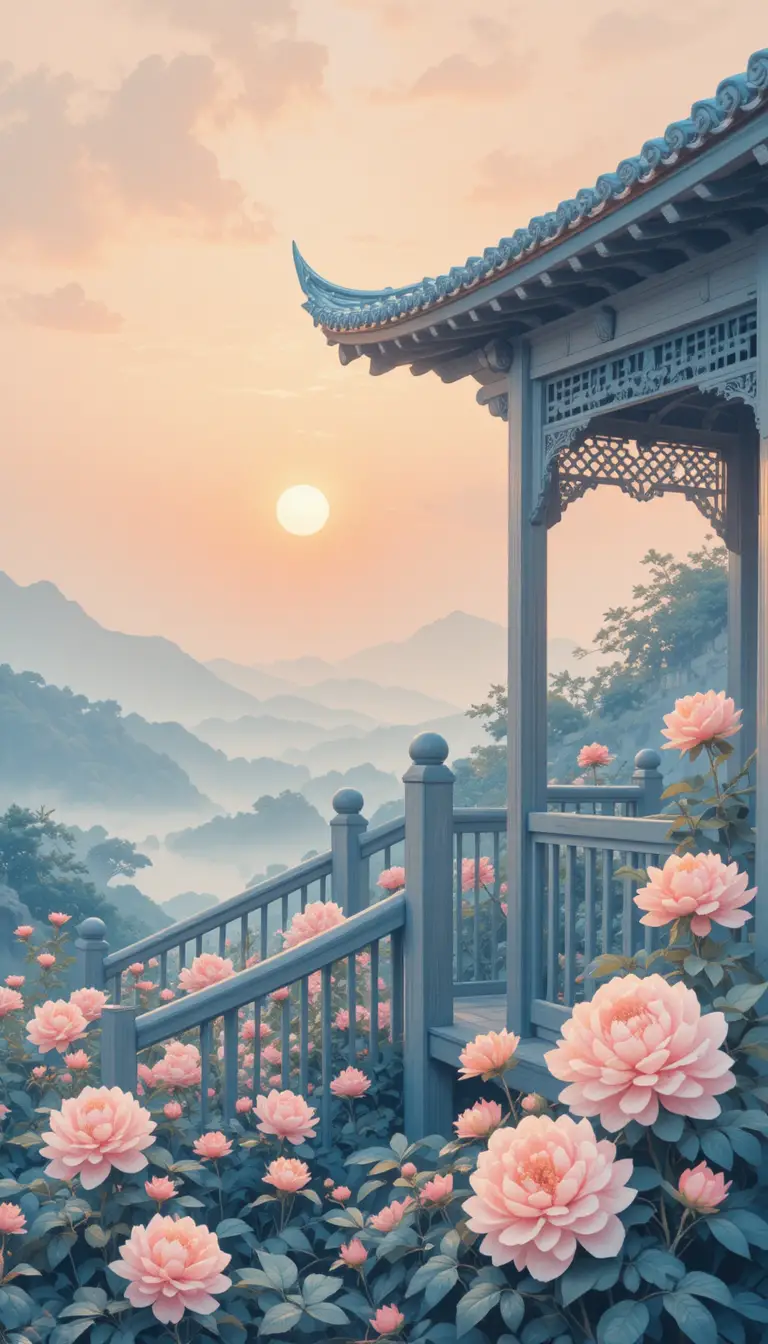 寧靜陽台黎明下的粉彩牡丹花園景緻
