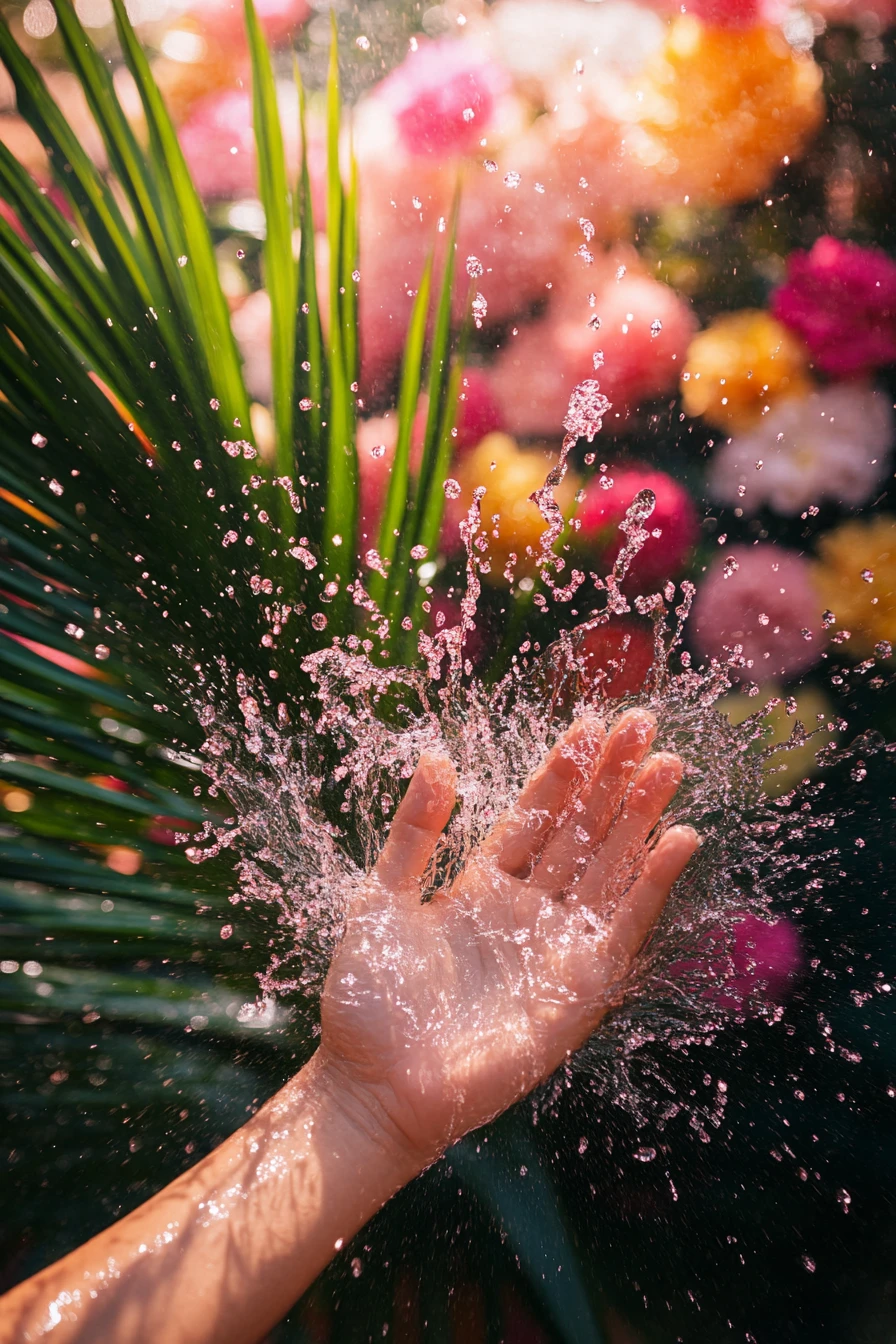 Nahaufnahme einer Hand mit floraler Kulisse und Spritz-Effekt