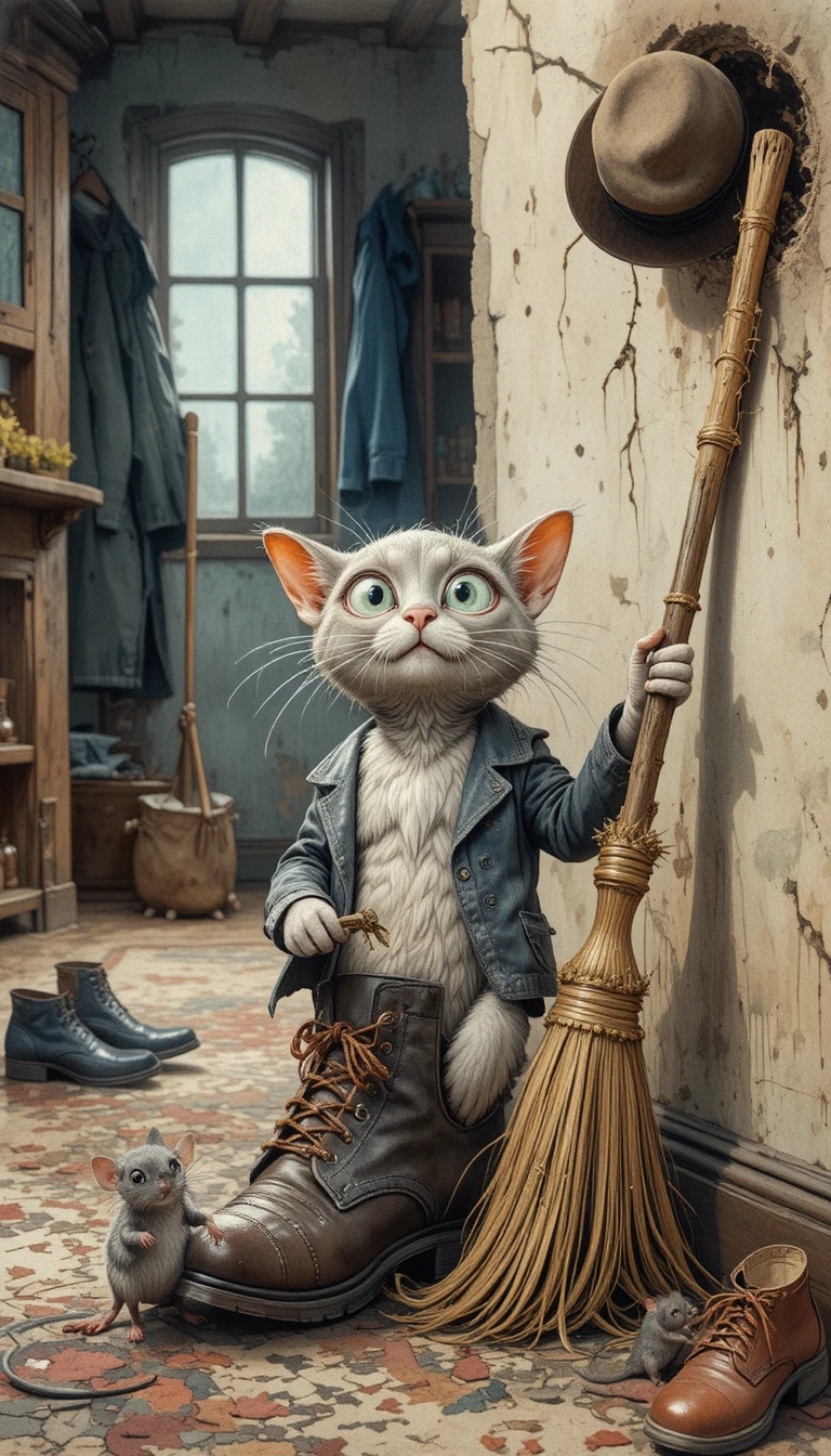 Gato e rato em desenho animado com vassoura em um quarto aconchegante