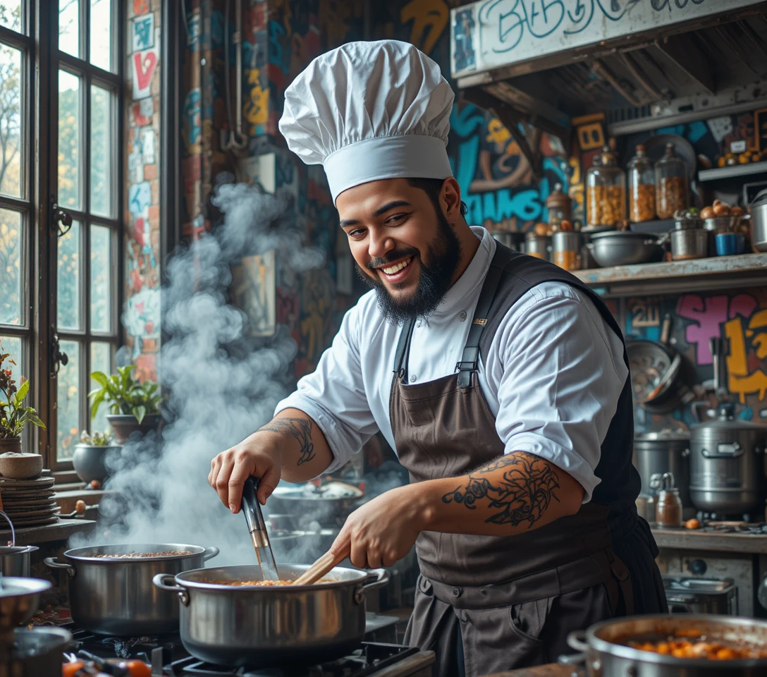 Chef sorridente cozinhando em uma cozinha profissional de aço inoxidável