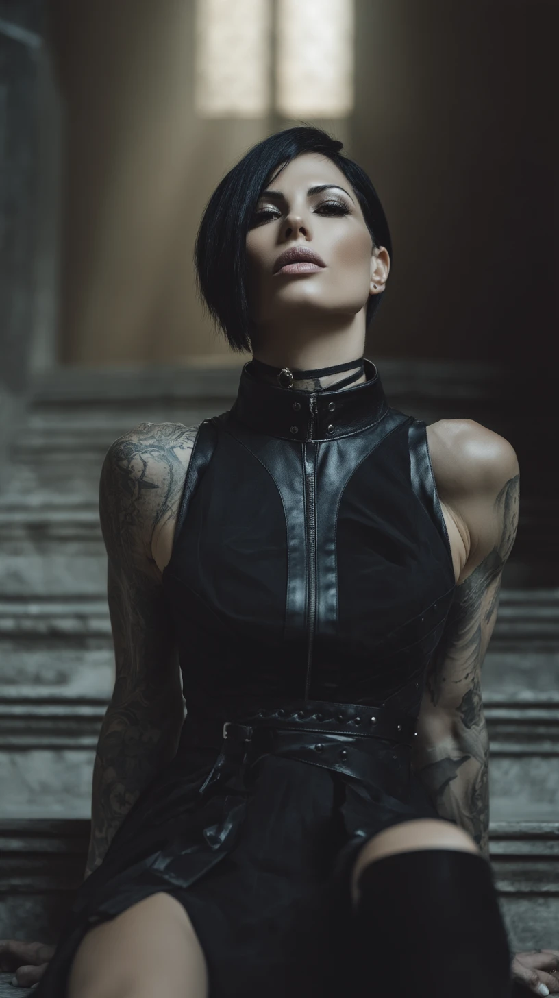 Donna muscolosa in abito nero seduta da sola in chiesa