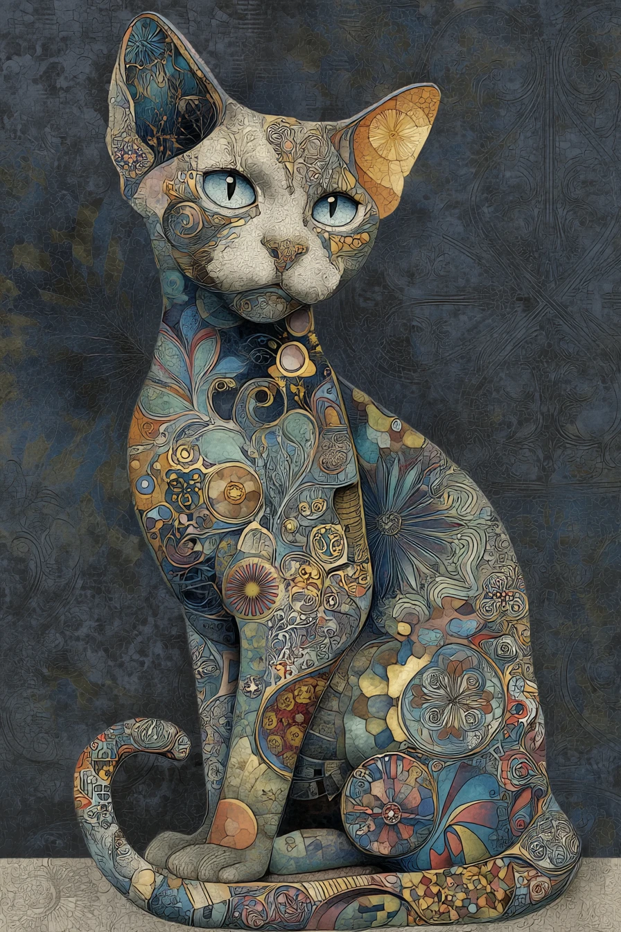 Retrato em pintura estilizada surreal de um gato misterioso