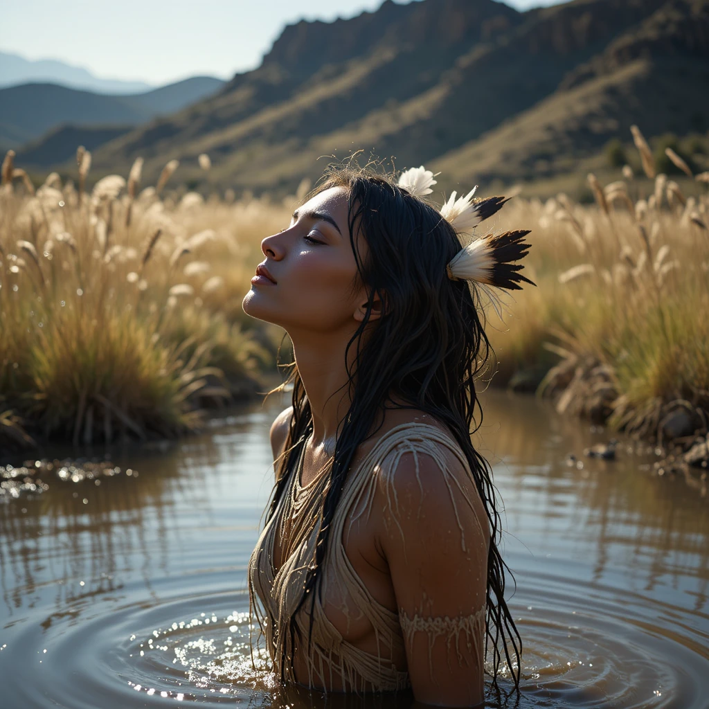 Mulher Sioux lavando o cabelo em um lago campestre ensolarado