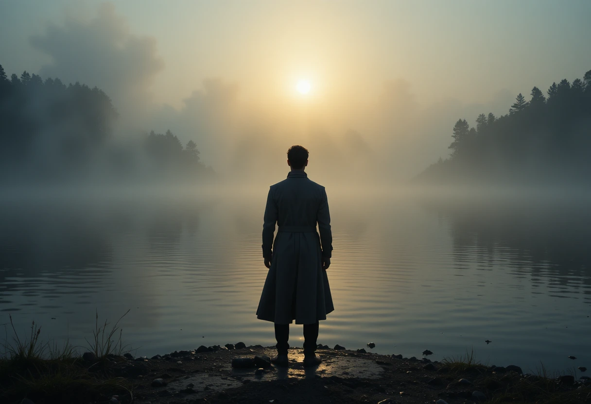 Figura solitária à beira de um lago enevoado na suave luz dourada do amanhecer